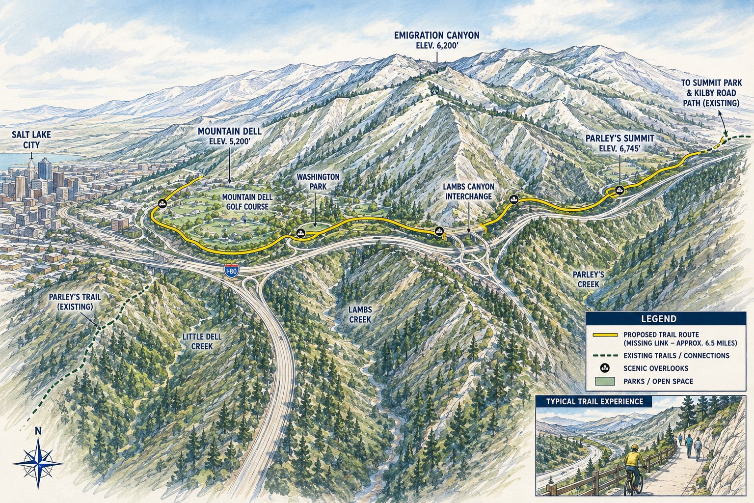 Illustrated concept map of the SLC to Park City trail corridor through Emigration Canyon and Parleys Summit, showing the proposed route and existing connections