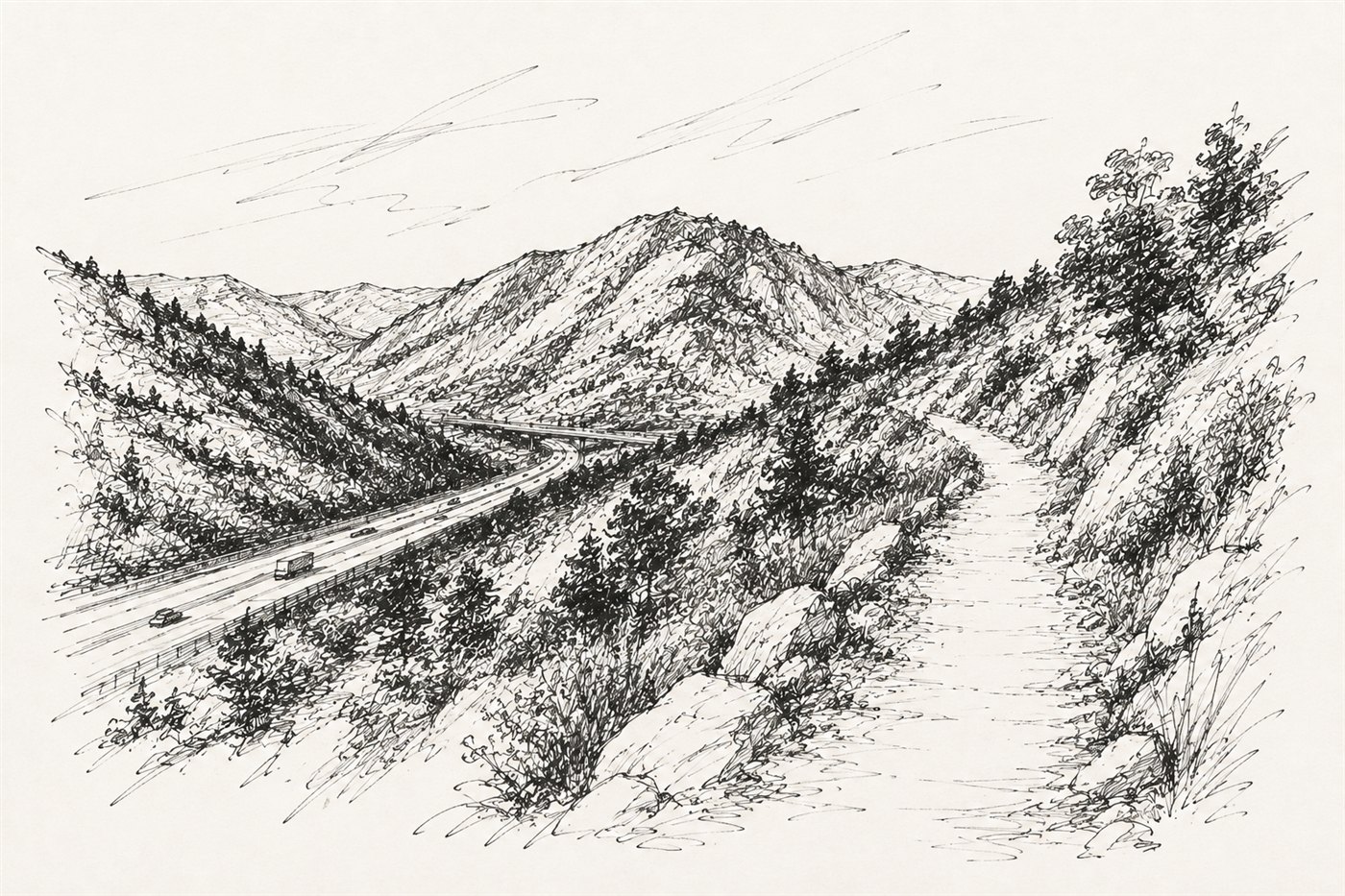 Illustrated concept sketch of a trail winding above the Parleys Canyon highway corridor