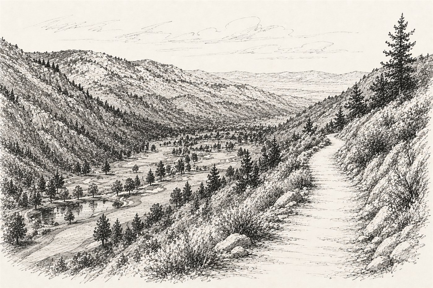 Illustrated concept sketch of a trail overlooking a meandering mountain valley