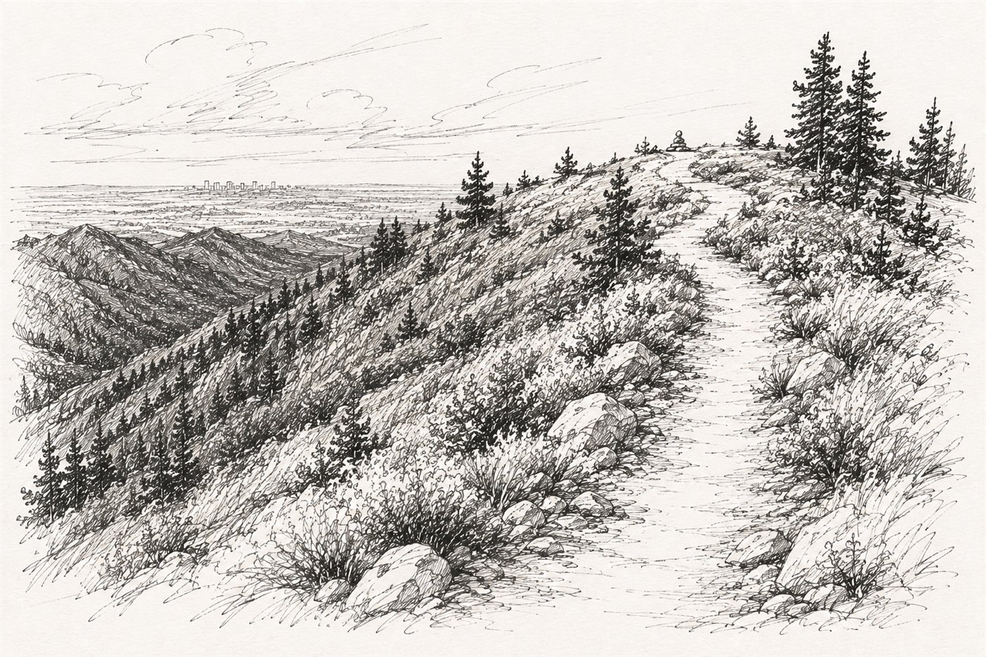 Illustrated concept sketch of a ridge trail with a trail cairn and the Salt Lake City skyline in the distance