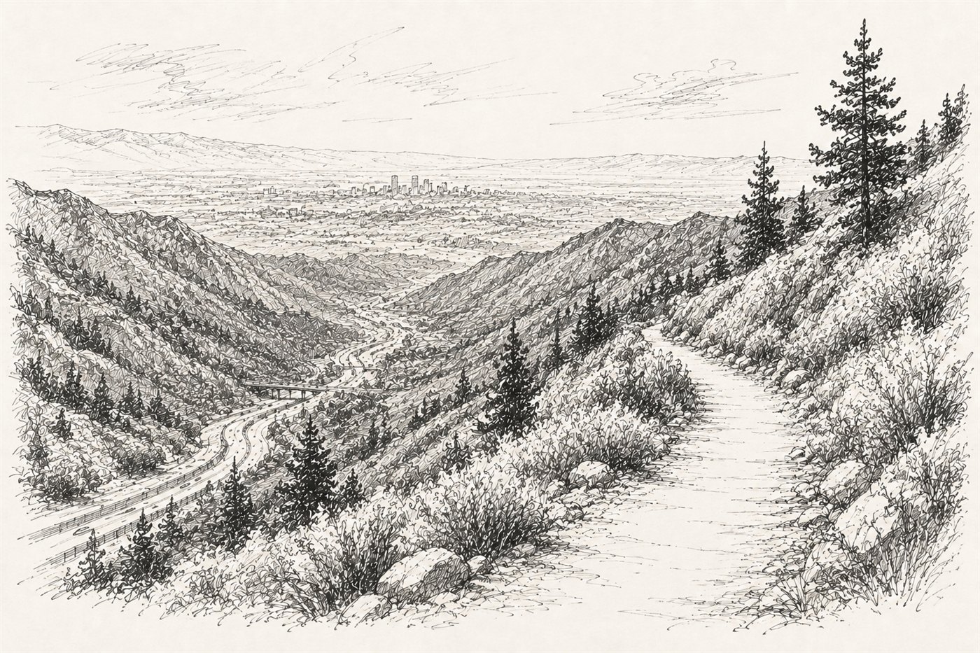 Illustrated concept sketch of a trail descending toward the Salt Lake valley and highway below